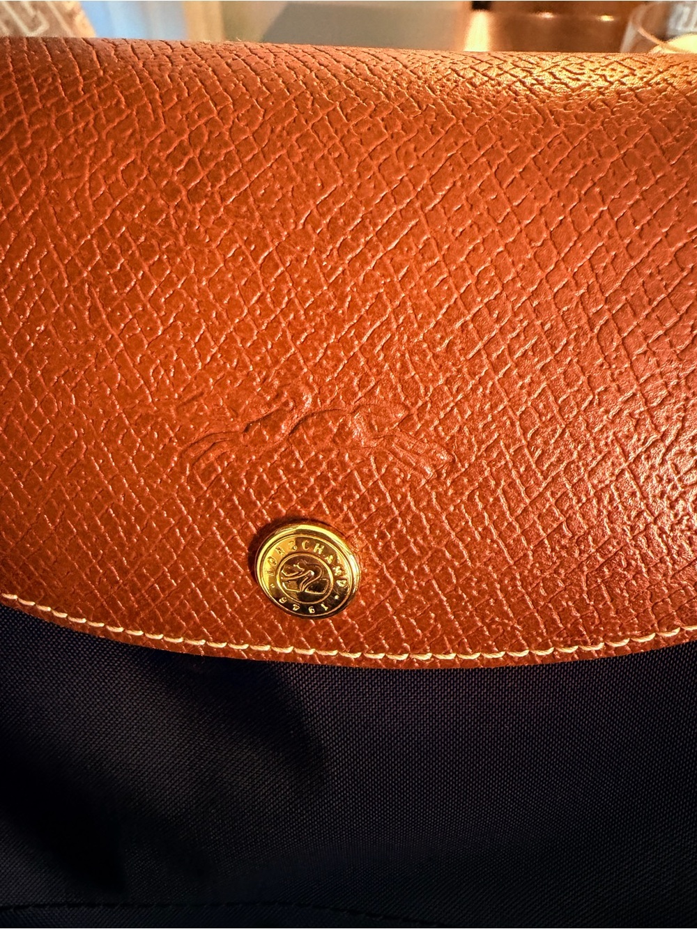 Longchamp Le Pliage Orignal Medium Nylon Tote (Black with cognac leather detail) - Picture 2 of 6